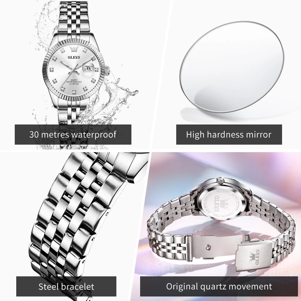 OLEVS 3705 beautiful women's watches silver stainless steel fashion quartz watch lady minimalist date trend genuine wristwatch