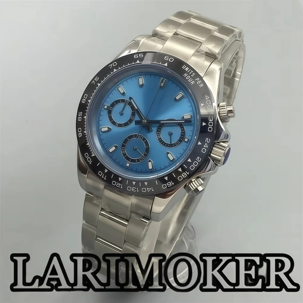 LARIMOKER 39mm Men's Chronograph Watch Silver Stainless Steel Classic Oyster Bracelet VK63 Quartz Movement Sapphire Crystal