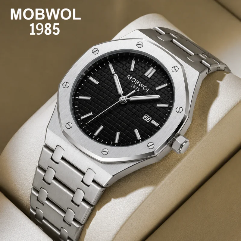 MOBWOL 1985 Men's Octagonal Stainless Steel Silver Plaid Black Dial Calendar Watch 3Bar Waterproof Fathers Day Gift Reloj Hombre