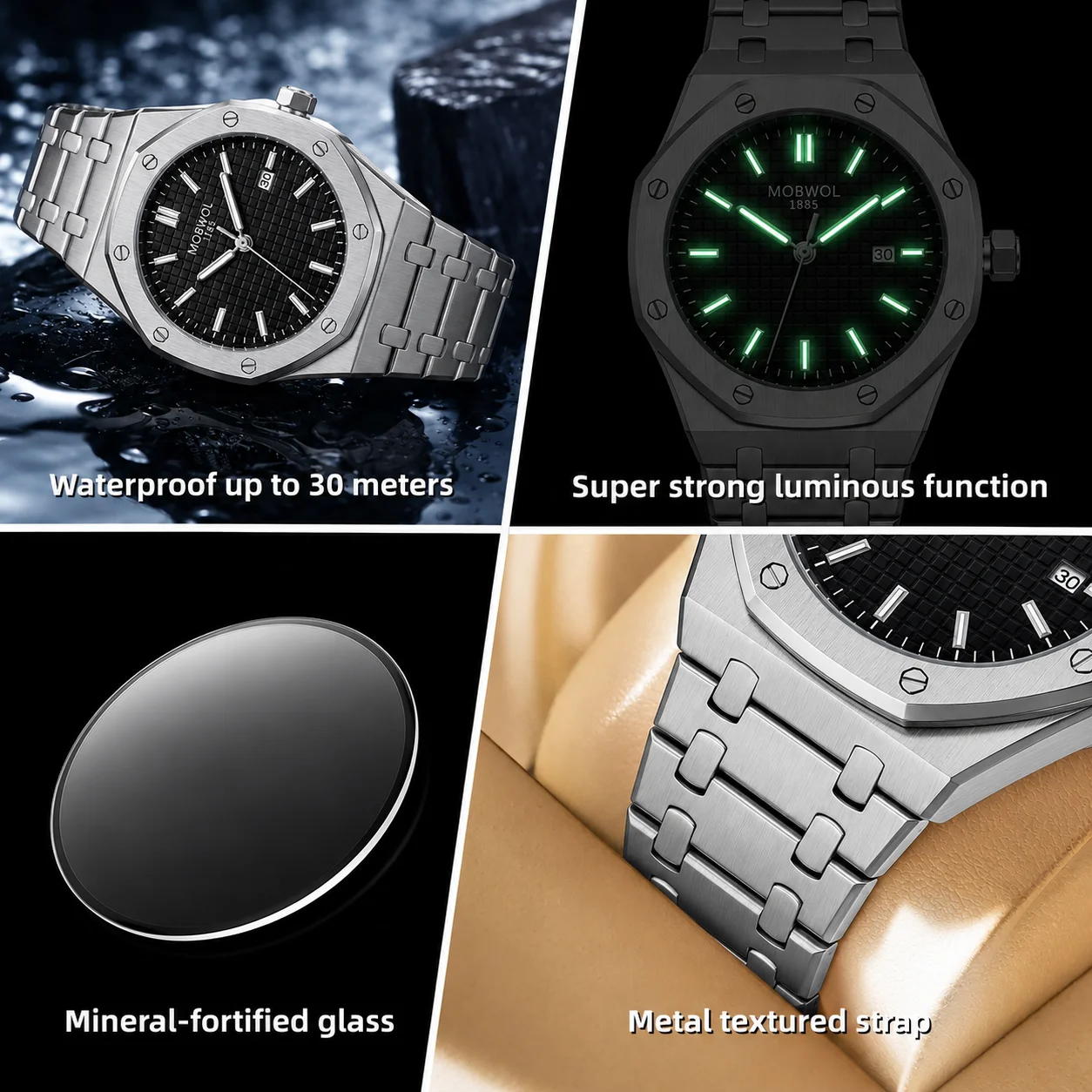 MOBWOL 1985 Men's Octagonal Stainless Steel Silver Plaid Black Dial Calendar Watch 3Bar Waterproof Fathers Day Gift Reloj Hombre