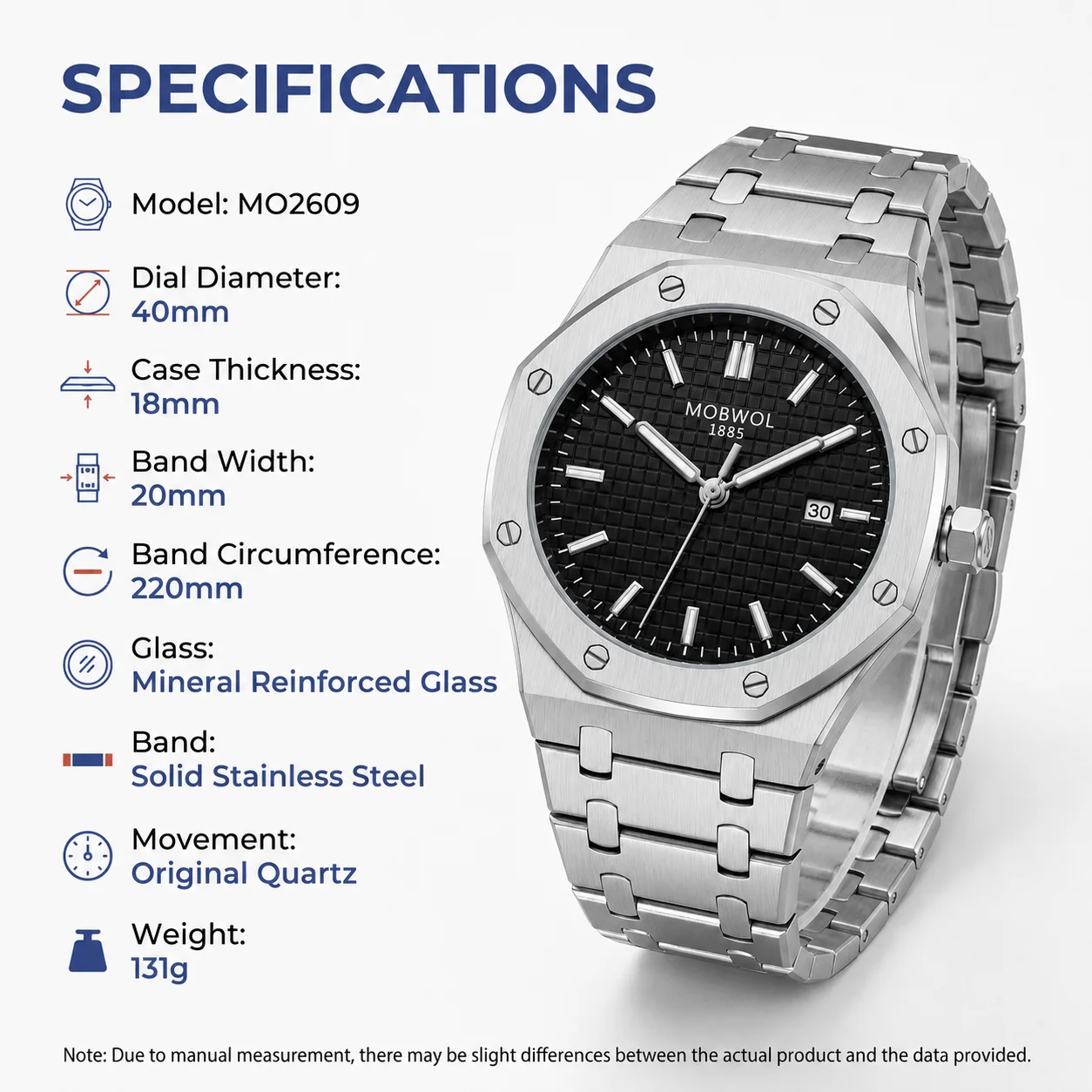 MOBWOL 1985 Men's Octagonal Stainless Steel Silver Plaid Black Dial Calendar Watch 3Bar Waterproof Fathers Day Gift Reloj Hombre