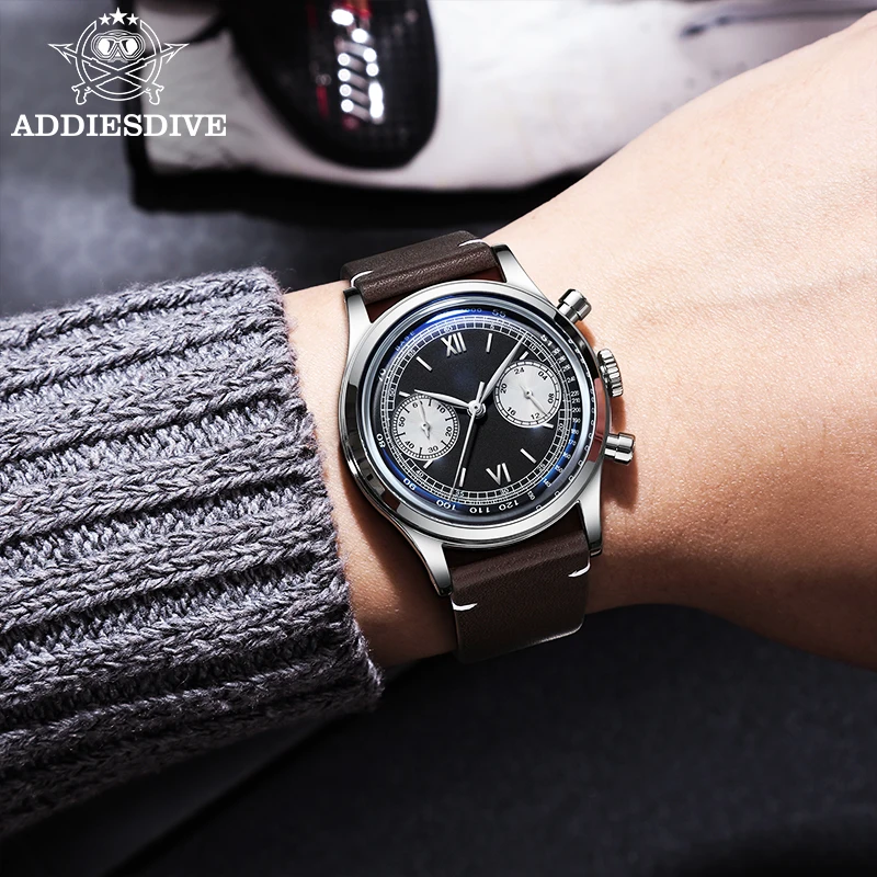 ADDIESDIVE VK64 Men Quartz Watch AD2037 Reloj Hombre Multifunctional Chronograph Black Dial Watches Waterproof Diving Wristwatch