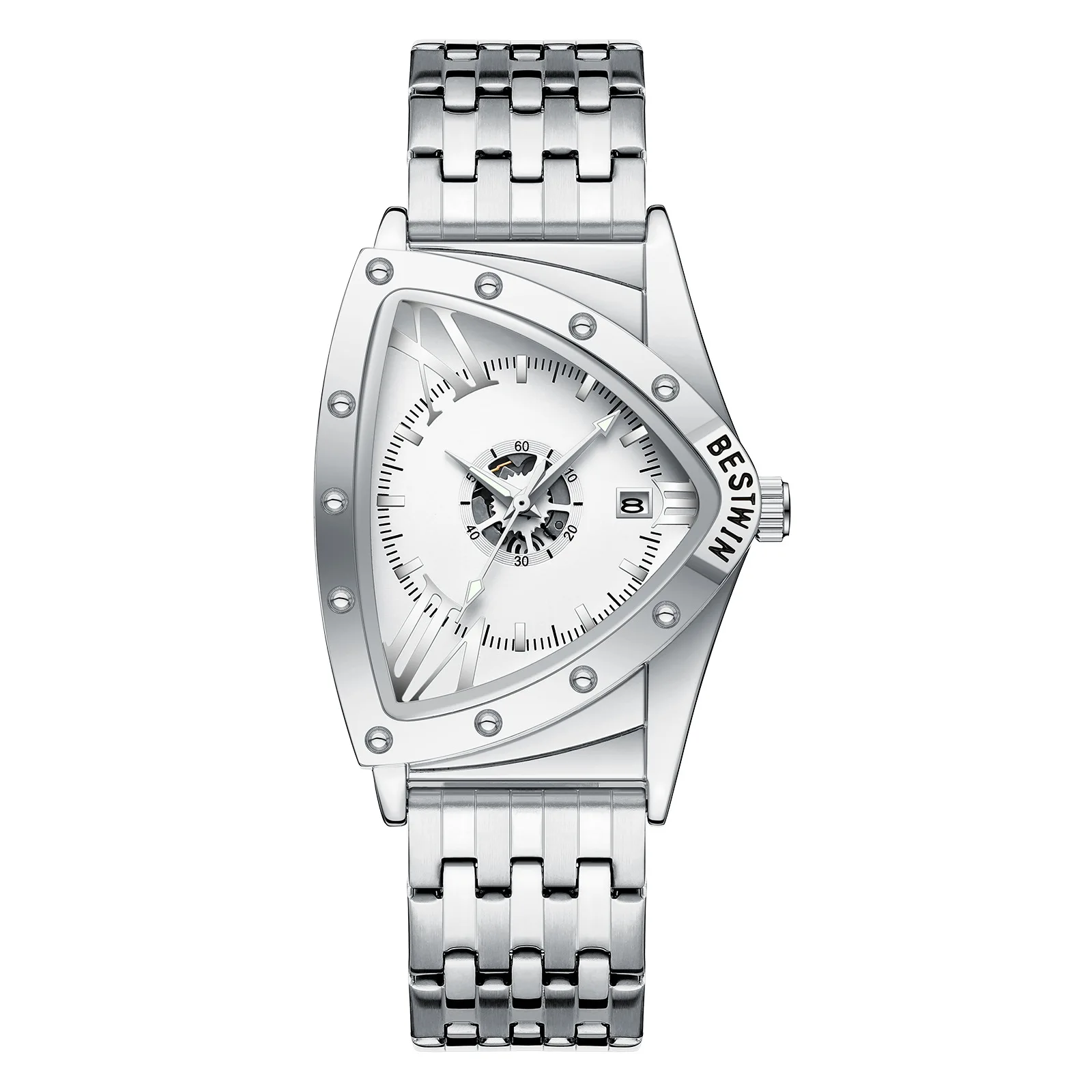 Creative Silver Quartz Watch with Triangular Dial Stainless Steel Strap Fashion Calendar Clock Male Bracelet