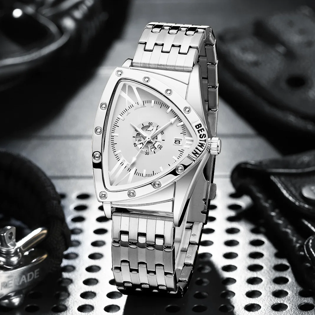 Creative Silver Quartz Watch with Triangular Dial Stainless Steel Strap Fashion Calendar Clock Male Bracelet