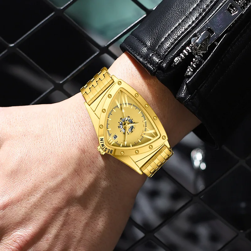 Creative Silver Quartz Watch with Triangular Dial Stainless Steel Strap Fashion Calendar Clock Male Bracelet