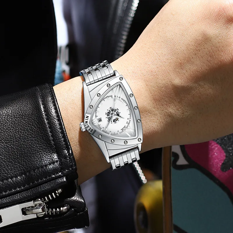 Creative Silver Quartz Watch with Triangular Dial Stainless Steel Strap Fashion Calendar Clock Male Bracelet