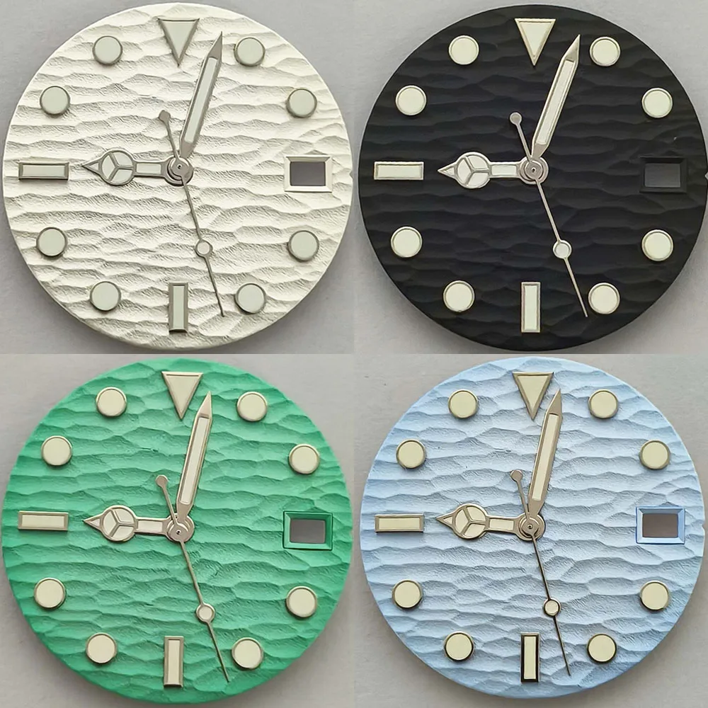Green Luminous Watch Dial for NH35 NH36 4R 7S Movement Single Calendar 28.5mm Watch Face Silver Hands Set Wristwatch Accessories