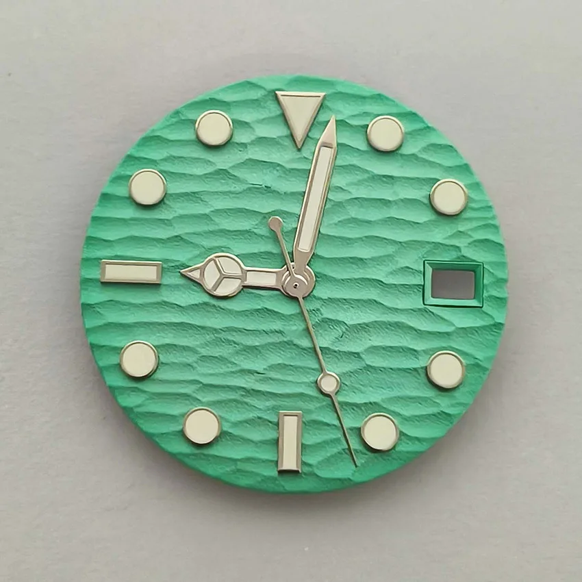 Green Luminous Watch Dial for NH35 NH36 4R 7S Movement Single Calendar 28.5mm Watch Face Silver Hands Set Wristwatch Accessories