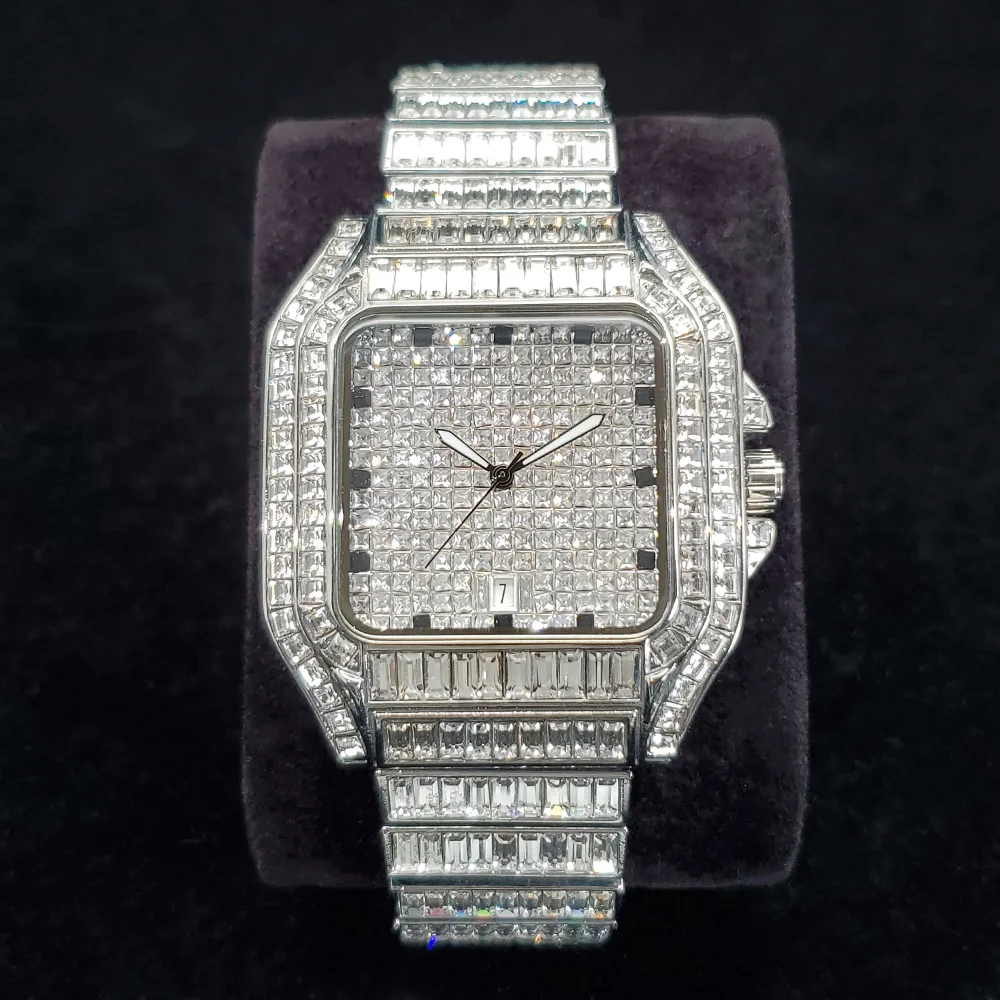 Fashion Square Diamond Watch Men Luxury Brand Stainelss Steel Silver Quartz Timepiece Novelty Design Ice Out Bling Watches 2025