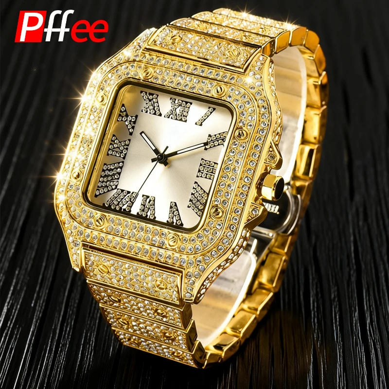 Pffee 18K HipHop Men Watches Rapper Jewelry Silver Gold Plated relojes para caballeros Gift Luxury Quartz Watch Iced Out