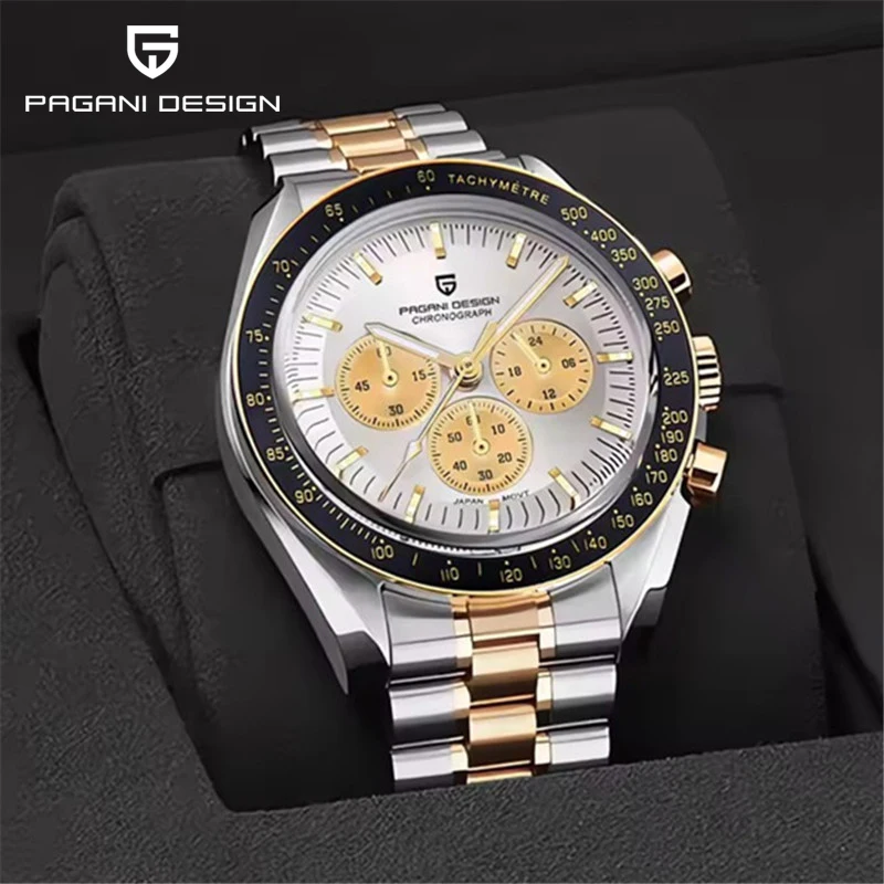 PAGANI DESIGN Silver Gold Moon Watches Mens New Luxury Brand Quartz Watch Men Auto Date Chronograph AR Sapphire Wristwatch Man