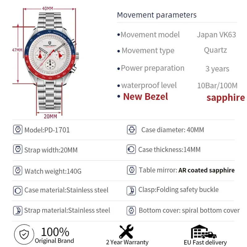 PAGANI DESIGN Silver Gold Moon Watches Mens New Luxury Brand Quartz Watch Men Auto Date Chronograph AR Sapphire Wristwatch Man