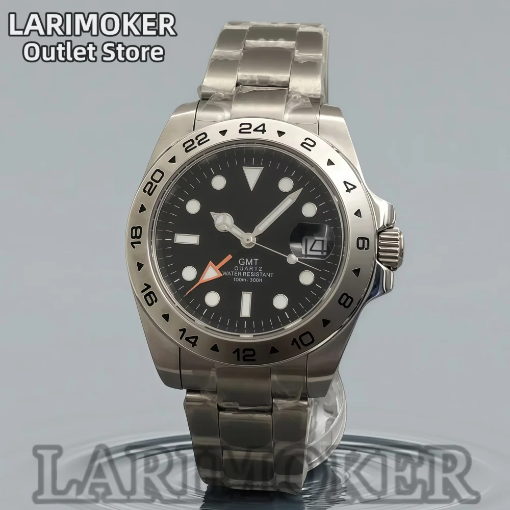 LARIMOKER 40mm Silver Men's Watch with Stainless Steel Strap Using Rhonda 515H24 GMT Quartz Movement Sapphire Crystal