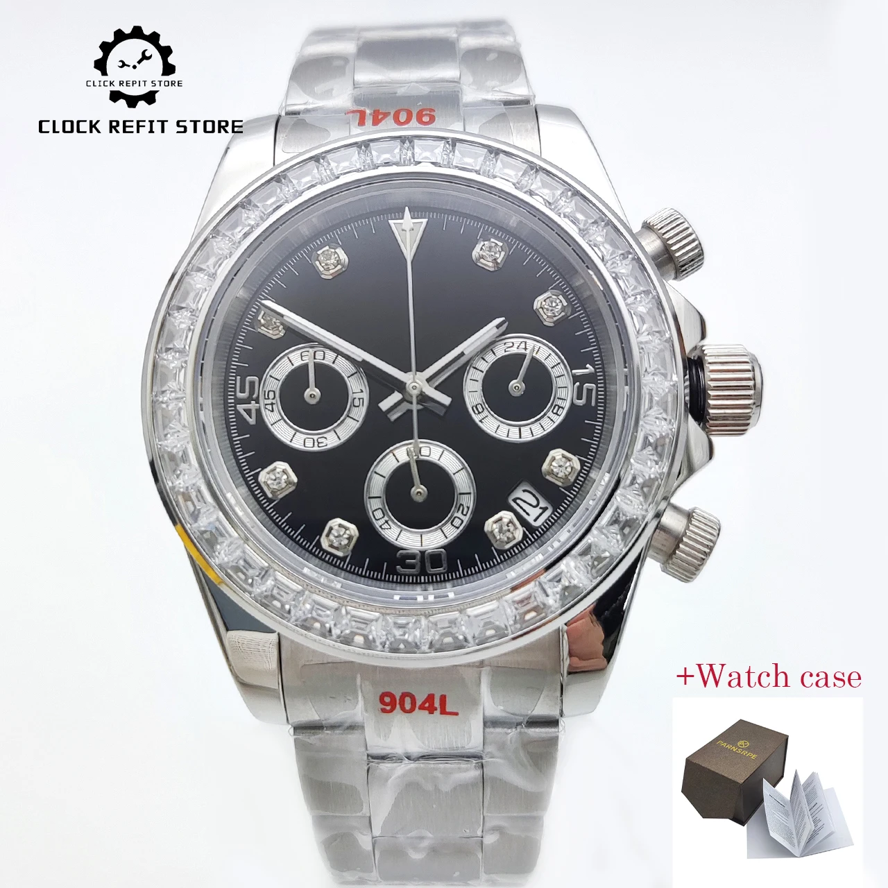 40mm VK63 Chronograph Men's Watch Silver,Luminous Waterproof Diamond Bezel Sapphire Crystal Stainless Steel Bracelet