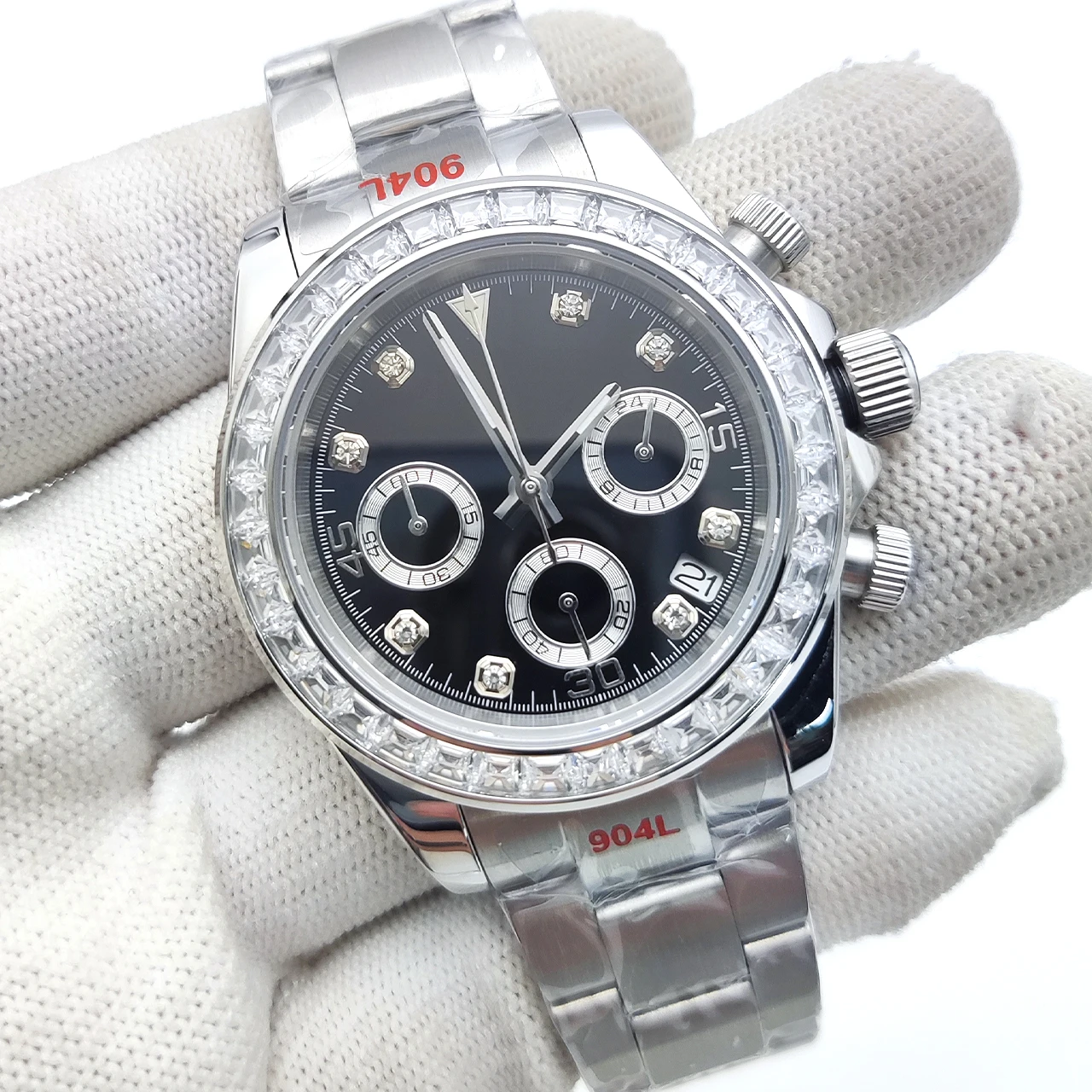 40mm VK63 Chronograph Men's Watch Silver,Luminous Waterproof Diamond Bezel Sapphire Crystal Stainless Steel Bracelet