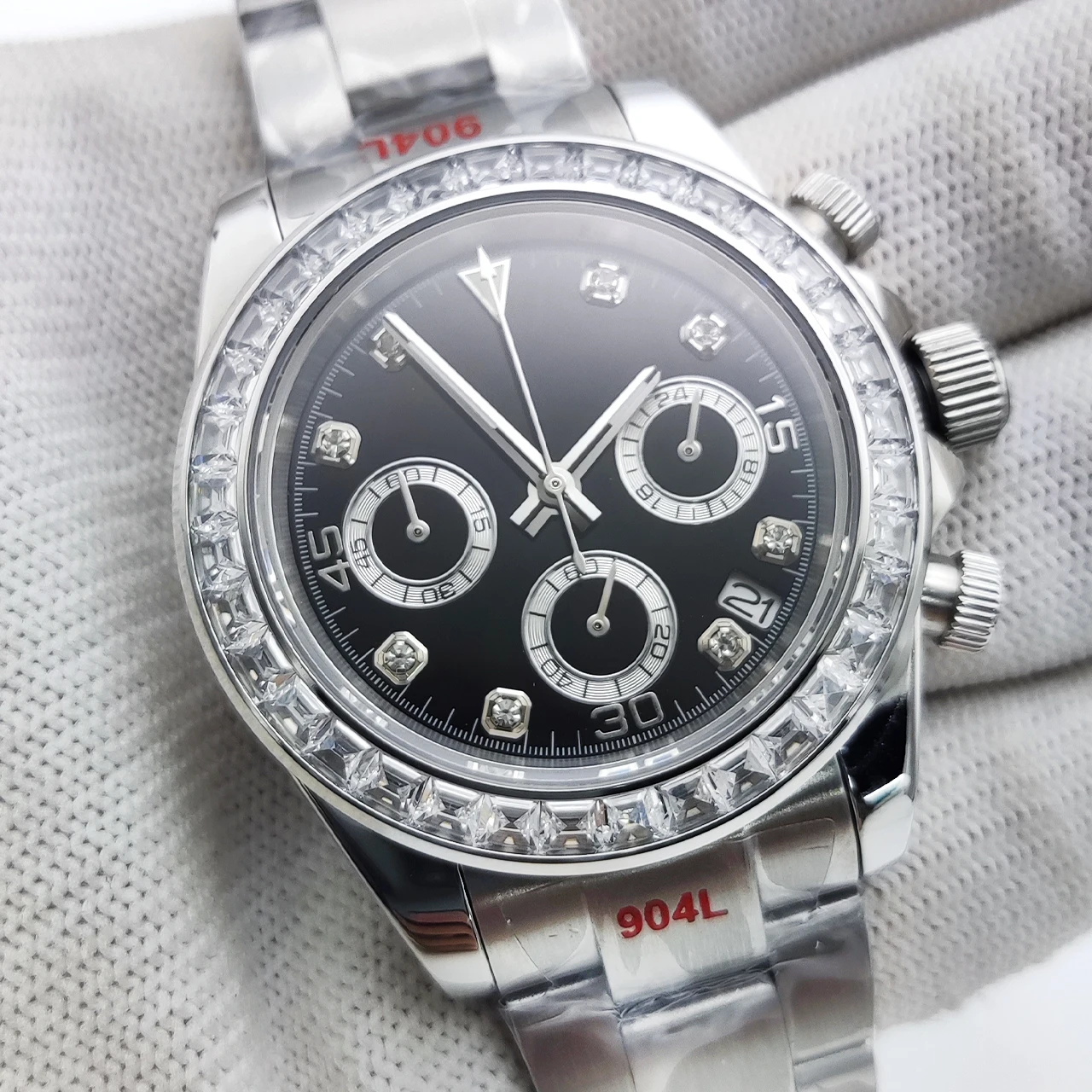 40mm VK63 Chronograph Men's Watch Silver,Luminous Waterproof Diamond Bezel Sapphire Crystal Stainless Steel Bracelet