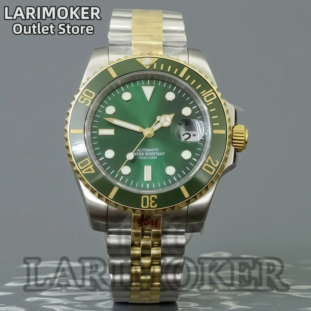 LARIMOKER 40mm Silver-Gold Quartz Watch Rhonda 515-24h (GMT) Movement Rotating Ceramic Bezel Sapphire Glass Steel Bracelet