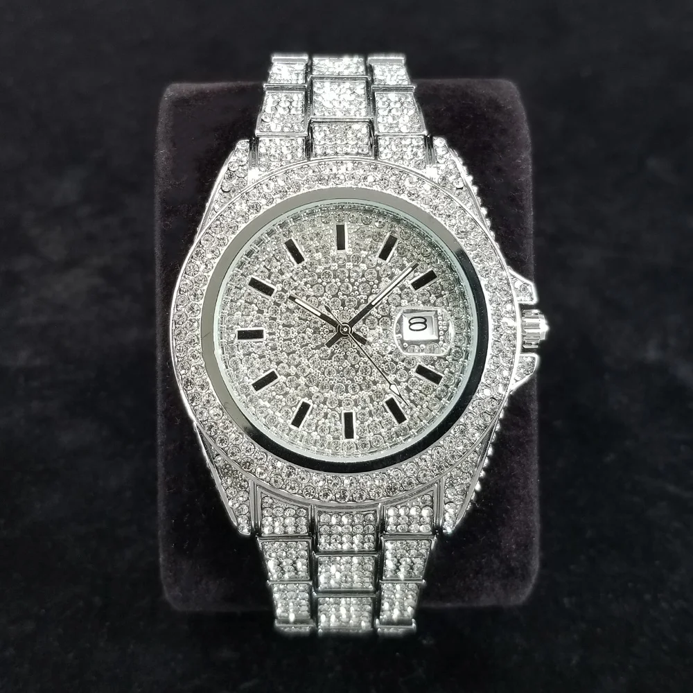 Full Diamond Watches for Men Luxury Fashion Silver Iced Out Quartz Wristwatch Hip Hop Street Style Bling Watch Man Dropshipping