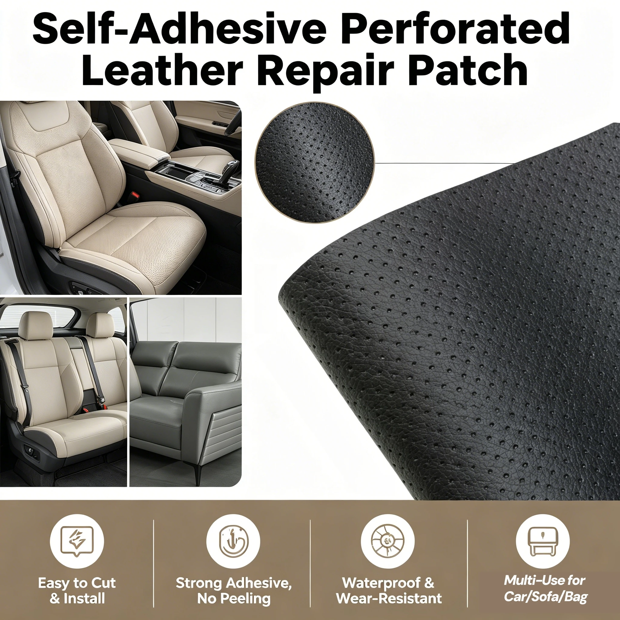 Perforated Leather Repair Patch Breathable Self Adhesive Leather Repair Tape, Large Vinyl Patch Kits for Furniture,Sofa,Car Seat