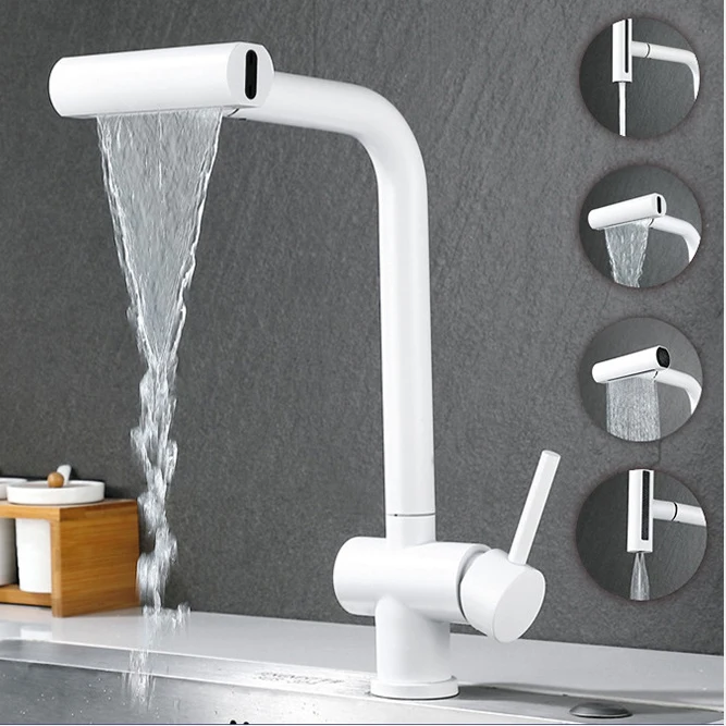 Touch on Waterfall Kitchen Sink Faucets with Pull Down Hot Cold Kitchen Sink Faucet White Sensor Touch Kitchen Sink Mixer Tap
