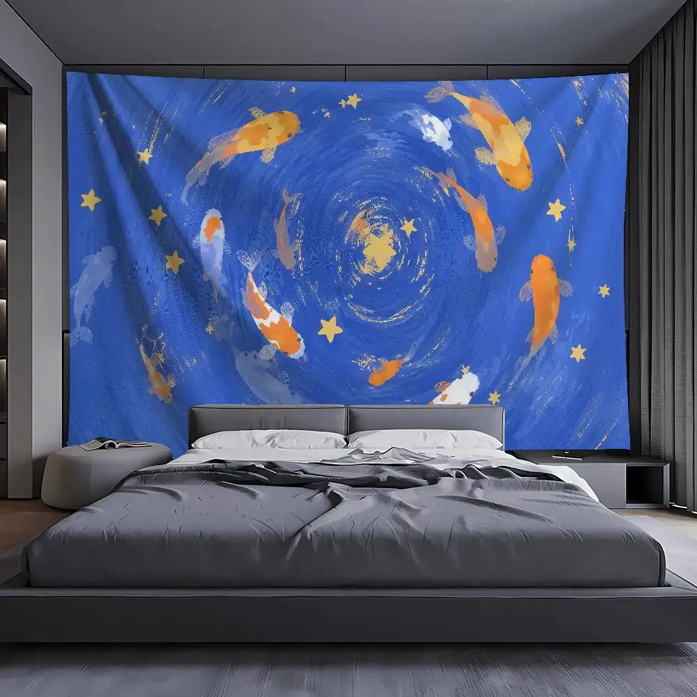 Koi Fish Spiral Water Ripple Tapestry Blue Water Surface Wall Hanging Orange Gold Carp Art Aesthetic Bedroom Dorm Home Decor