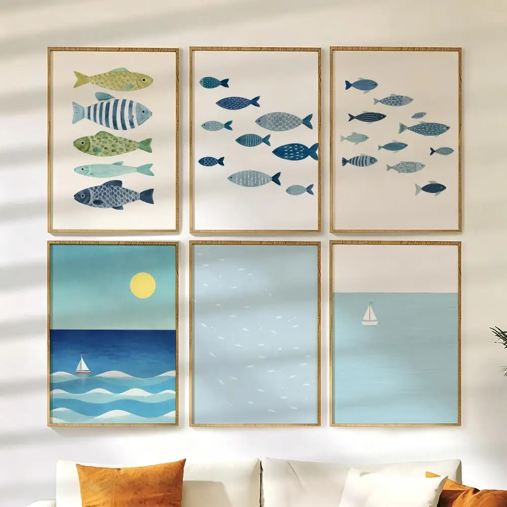 Coastal Seaside Beach Birds Fish Poster Wall Stickers HD Painting Self Adhesive Art Decals for Bedroom Living Room Home Decor