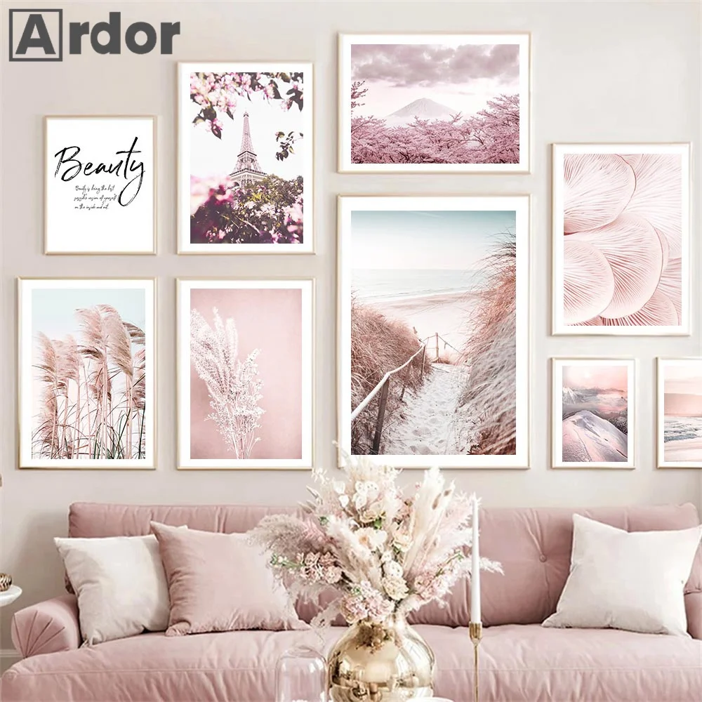 Pink Flower Paris Tower Sea Beach Reed Grass Poster Vintage Art Canvas Painting Nordic Prints Pictures Living Room Home Decor