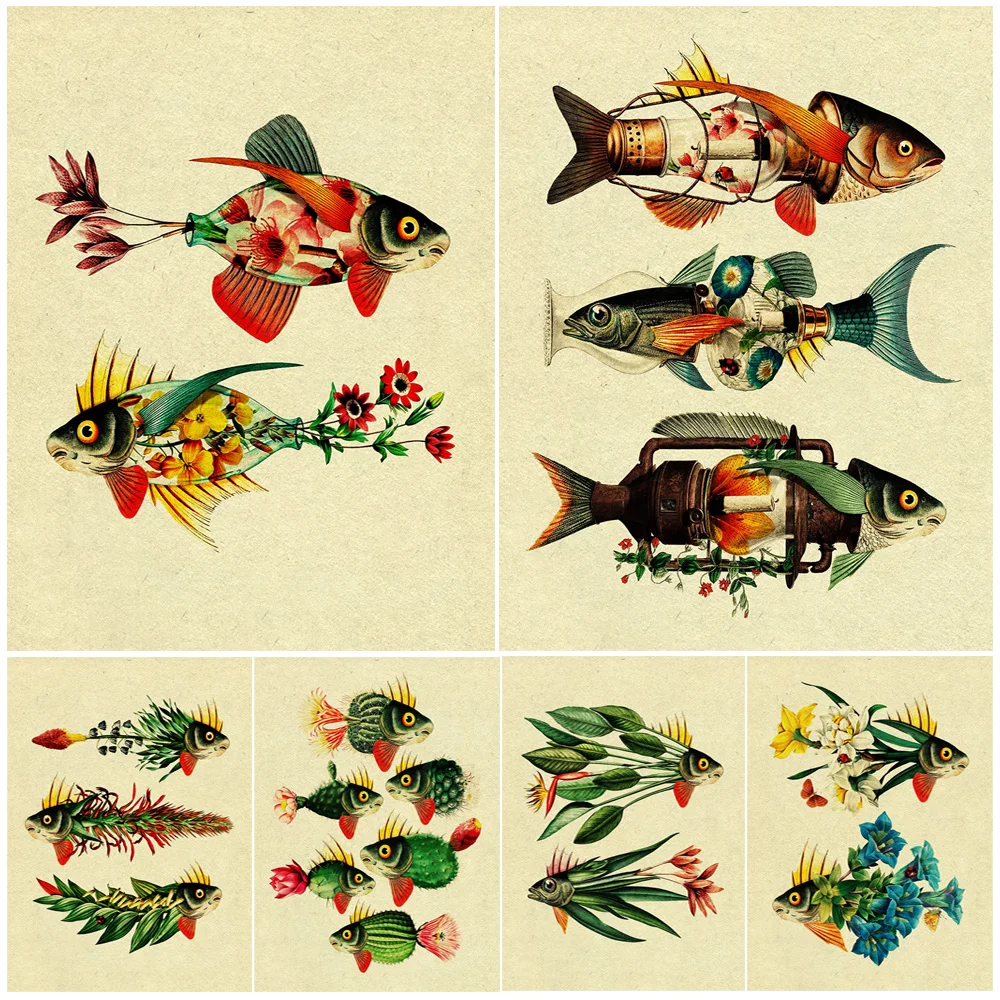 Fish And Plants Surreal Fantasy Vintage Wall Art Canvas Painting Flower Bone Fish Gothic Art Poster Print For Living Room Decor