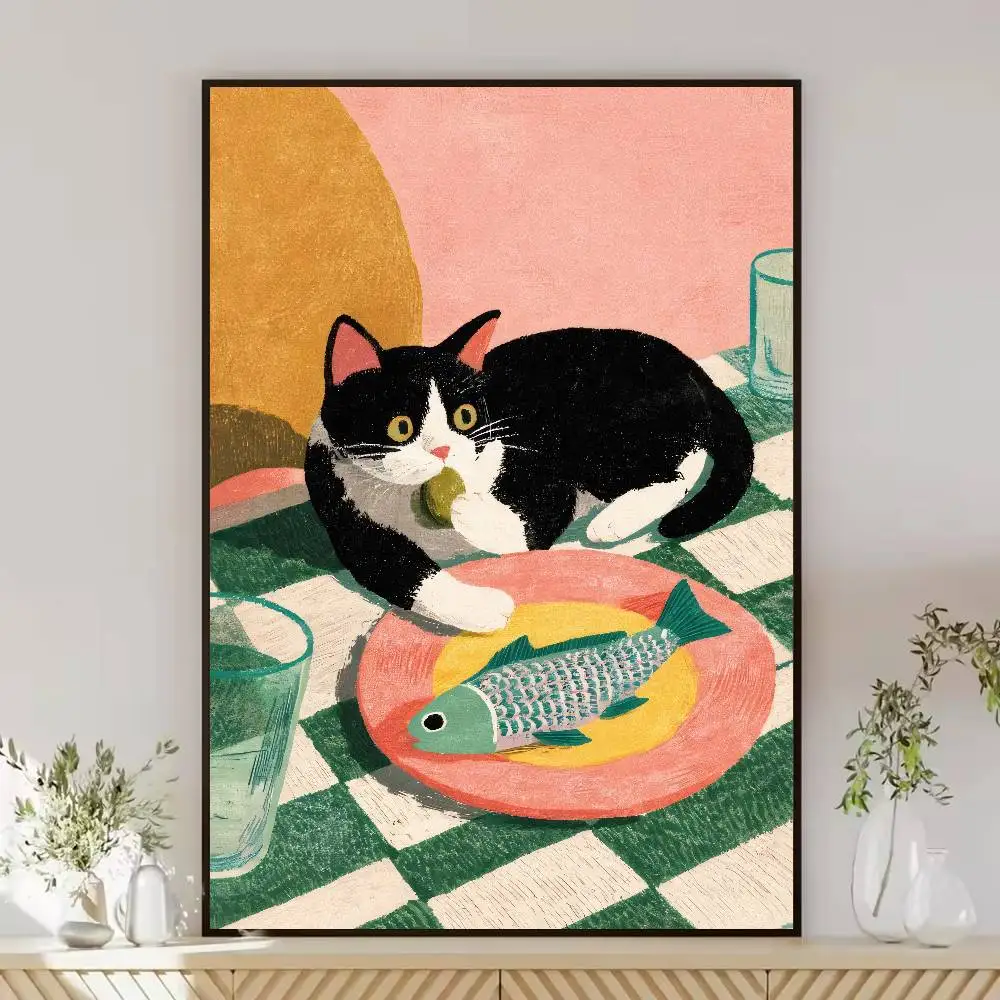 Cute Tuxedo Cat With Fish Plate Art Poster, Retro Pastel Illustration Wall Print, Funny Kitten Dining Scene Home Room Decor