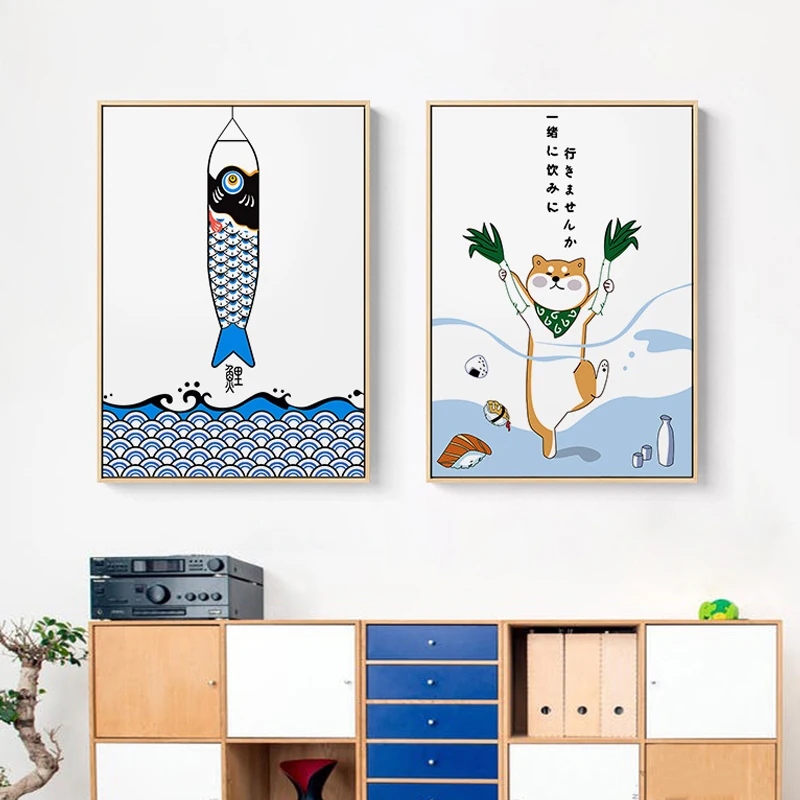 Japanese Creative Animal Fish Poster And Print Restaurant Decoration Painting Cute Wall Art Pictures For Dining Room Sushi Place
