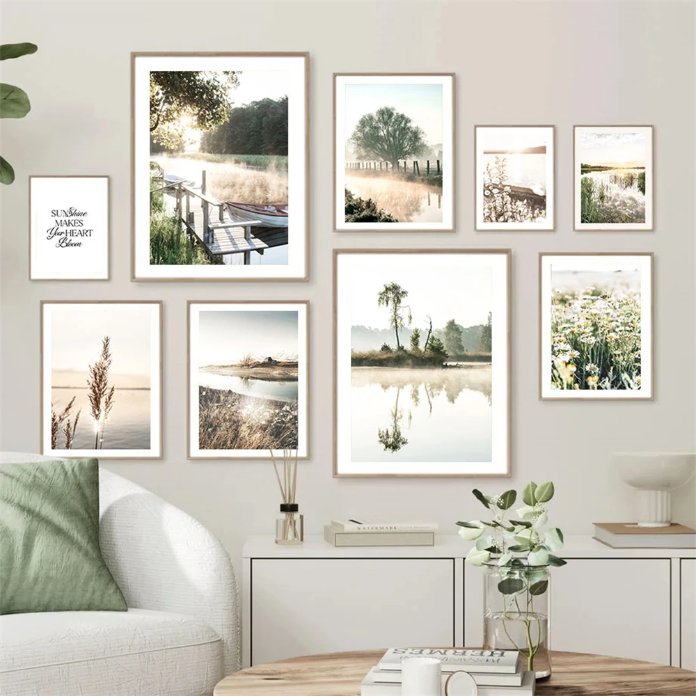 Spring Lake Sunrise Poster Reed Grass Tree Landscape Wall Art Canvas Painting Nature Nordic Wall Print Picture Living Room Decor