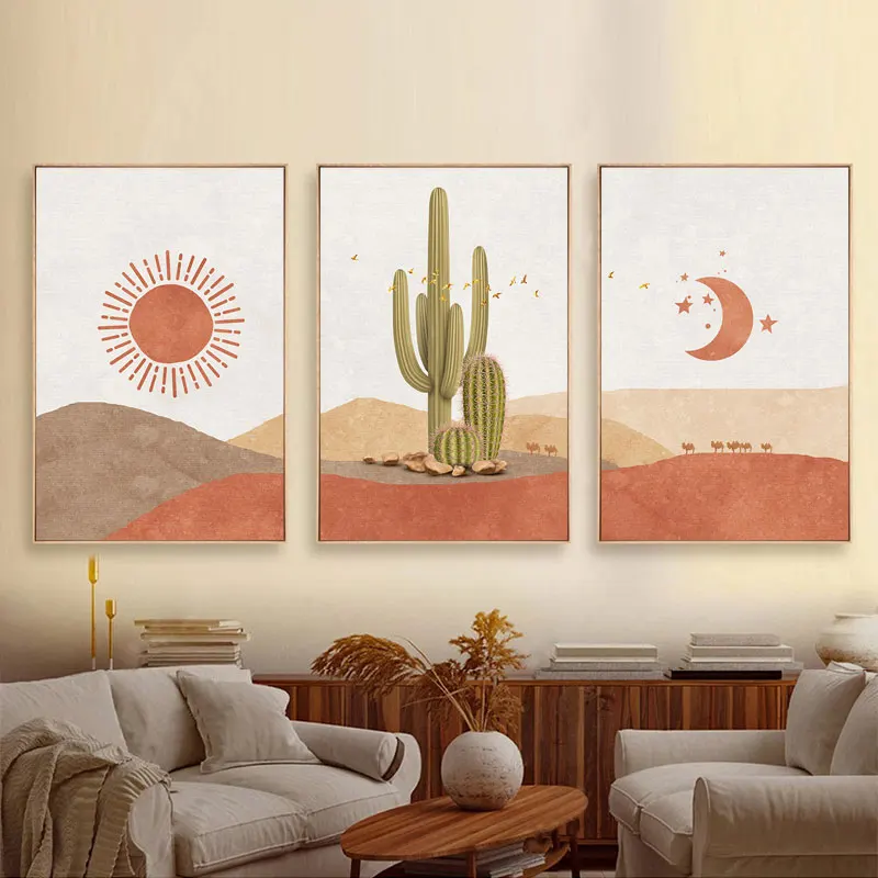 Abstract Landscape Sun and Moon Scene Boho Canvas Prints Cactus Wall Art Nordic Desert Wall Picture for Living Room Home Decor