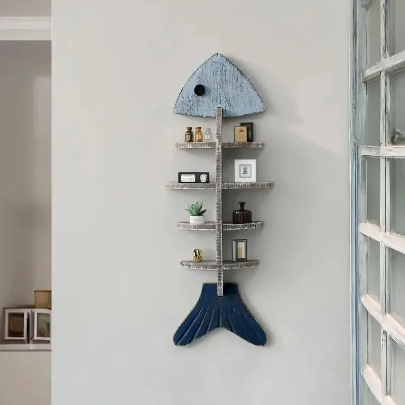 Mediterranean Style Wall Decor  3D Fishbone Shelf for Living Room  Sturdy Wooden Wall Organizer  Retro Fish-Shaped Wall Art