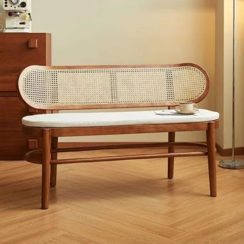 Ash wood Japanese-style solid wood rattan backrest bench Small apartment household end of bed shoe changing stool sofa chair