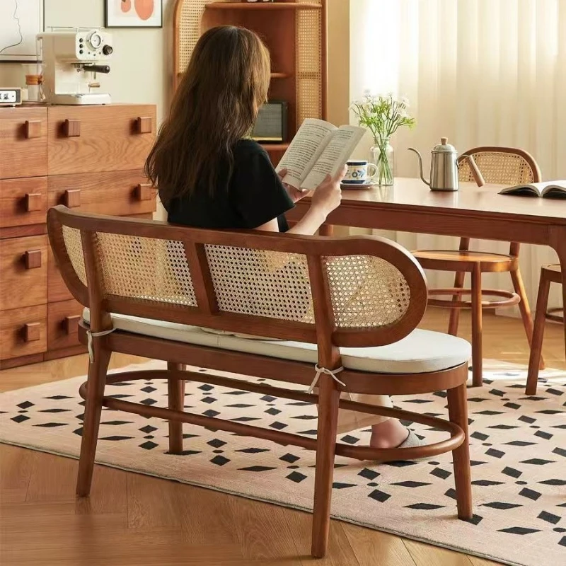 Ash wood Japanese-style solid wood rattan backrest bench Small apartment household end of bed shoe changing stool sofa chair