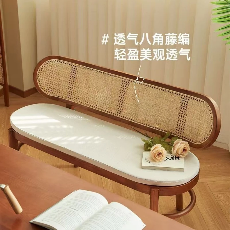 Ash wood Japanese-style solid wood rattan backrest bench Small apartment household end of bed shoe changing stool sofa chair