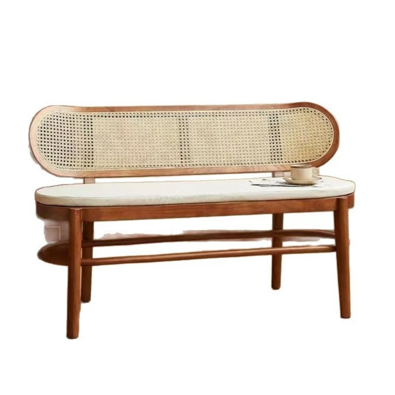 Ash wood Japanese-style solid wood rattan backrest bench Small apartment household end of bed shoe changing stool sofa chair