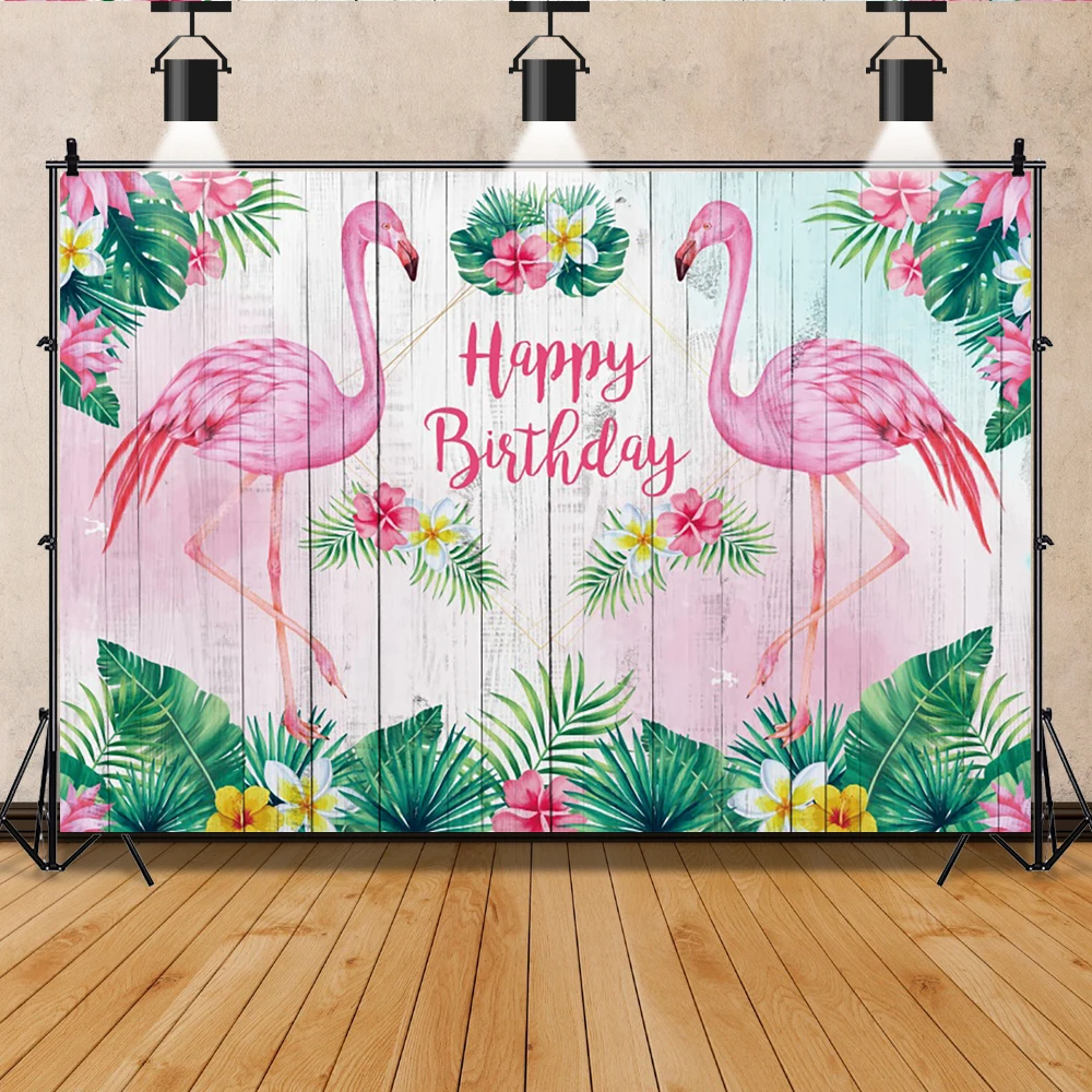 Flamingo Gray Wood Board Birthday Photography Background Summer Hawaiian Party Decorations Baby Portrait Backdrop Photo Studio