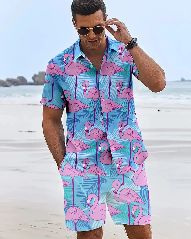 Funny 3D Flamingo Printed Men's Shirts Hawaiian Beach Vacation Short Sleeve Shorts 2 Piece Summer Hip Hop Trend Fashion Men Sets