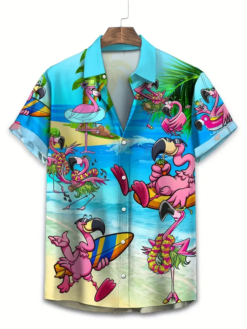 2026 Men's Vocation Lapel Camisa Vacation Hawaiian Shirts Flamingo 3d Print Fashion Unisex Beach Short Sleeve Blouse