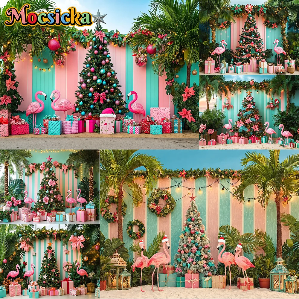 Mocsicka Photography Backdrop Hawaiian Beach Christmas Tree Flamingos Decoration Family Xmas Holiday Party Portrait Studio Props