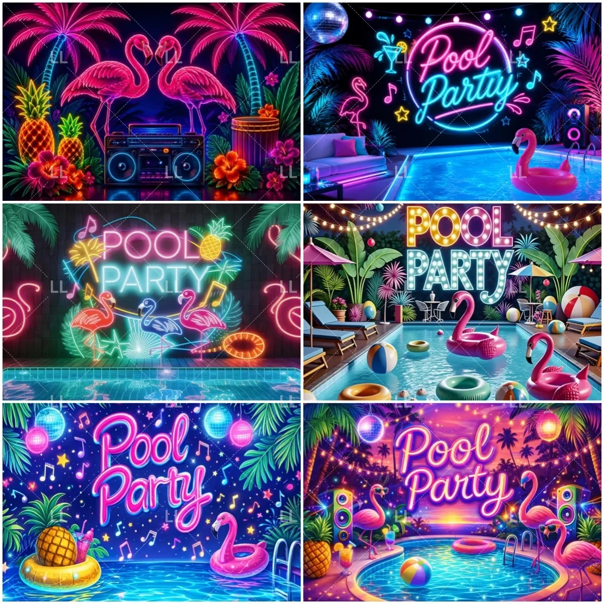 Beach Summer Pool Party Decoration Banner Flamingo Neon Backdrop Hawaiian Swimming Holiday Vacation Photography Background Props