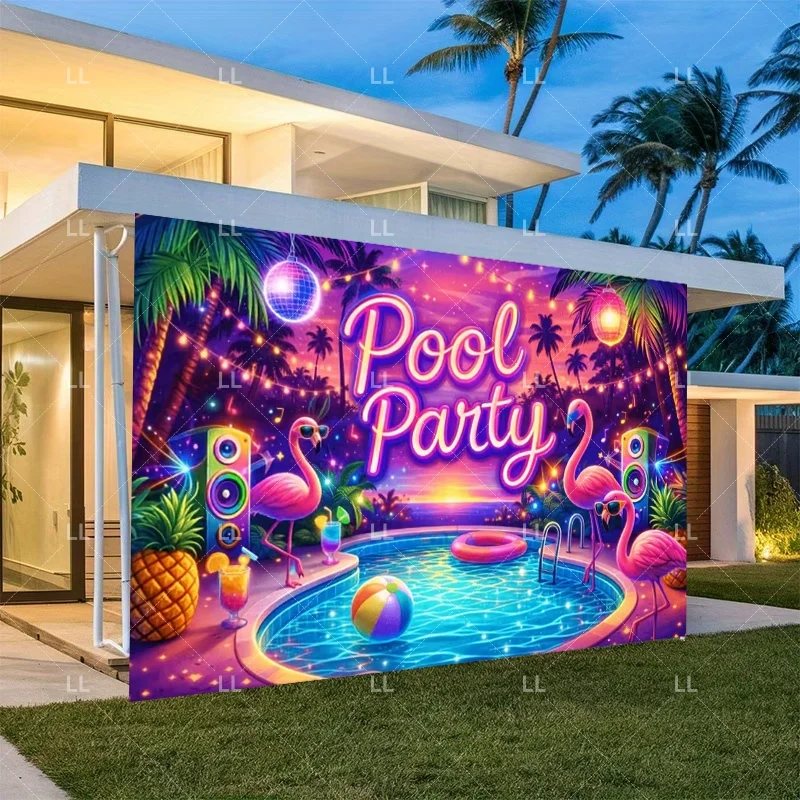 Beach Summer Pool Party Decoration Banner Flamingo Neon Backdrop Hawaiian Swimming Holiday Vacation Photography Background Props