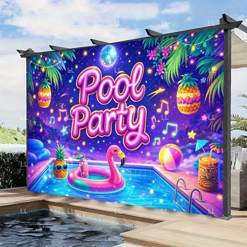 Beach Summer Pool Party Decoration Banner Flamingo Neon Backdrop Hawaiian Swimming Holiday Vacation Photography Background Props