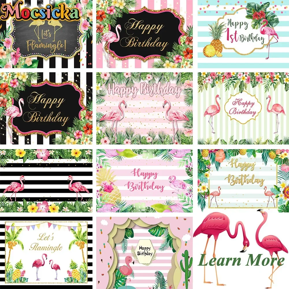 Hawaiian Flamingo Theme Party Stripe Decoration Background Prop Flower Green Leaf Girl Birthday Backdrop Newborn Baby Photobooth