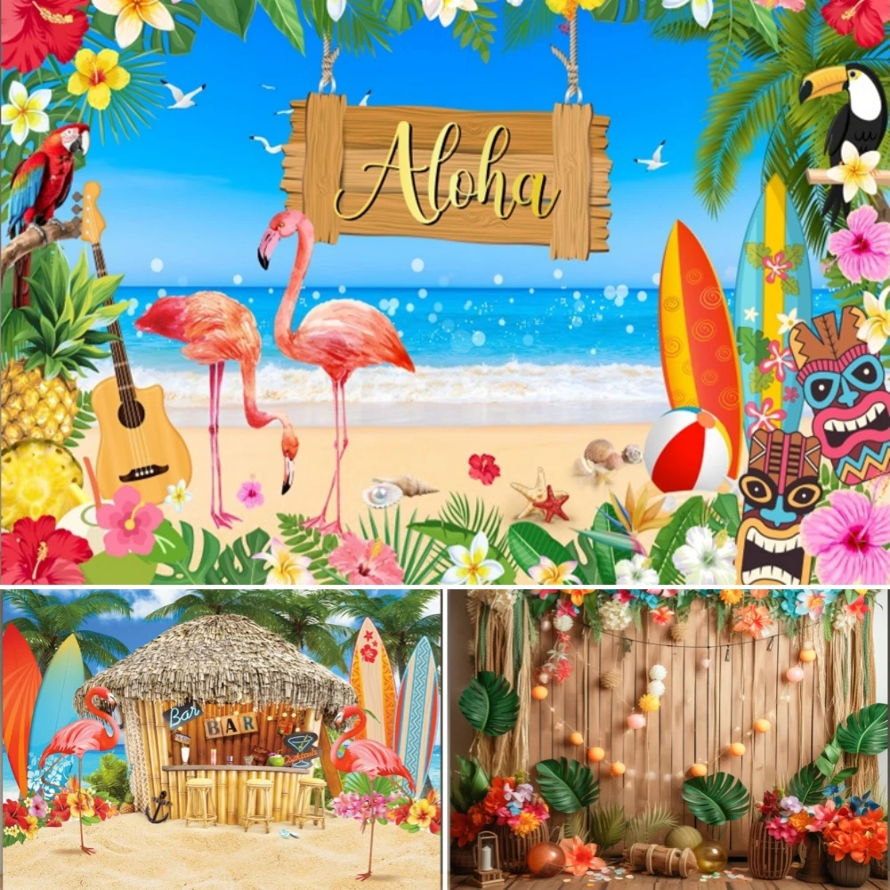 Summer Beach Backdrop Hawaiian Seaside Tropical Hawaii Flamingo Luau Aloha Baby Birthday Holiday Party Photography Background