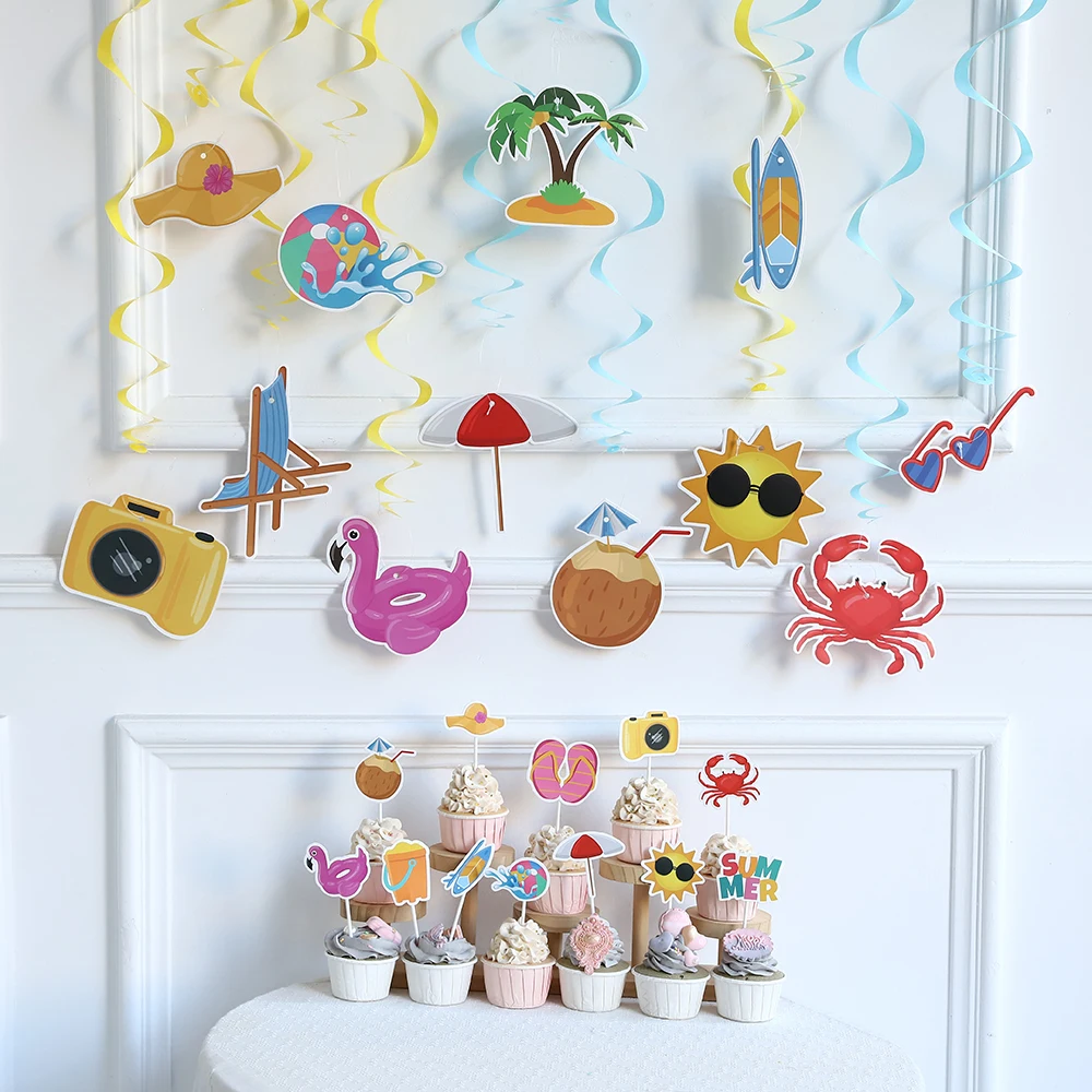 Hawaiian Theme Decoration Banner Sun Pull flag Crab Flamingo Cake Topper Spiral Pendant Summer Birthday Party Baby Shower Decor