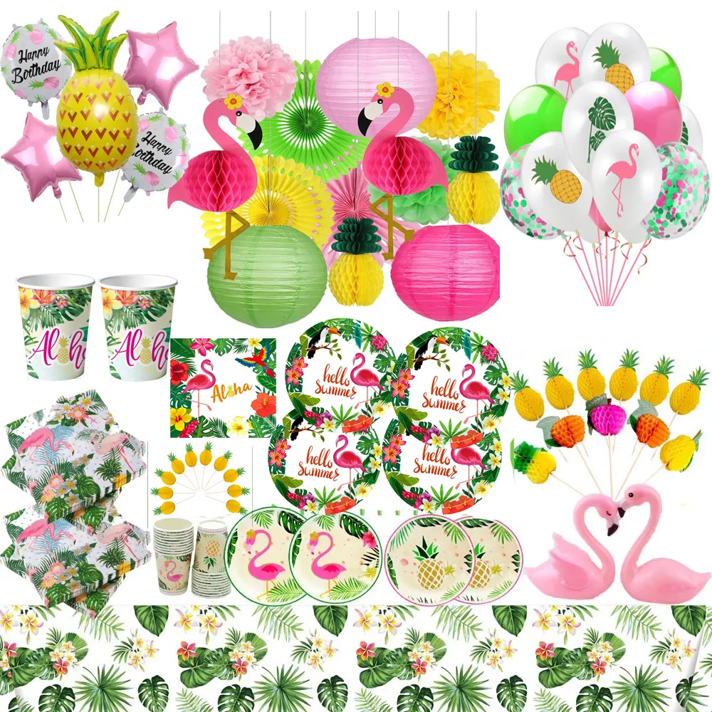 Hawaiian Flamingo Girls Birthday Party Decorations Supplies Paper Cup Plate Napkin Balloon For Woman Got Engaged Party Decoratio