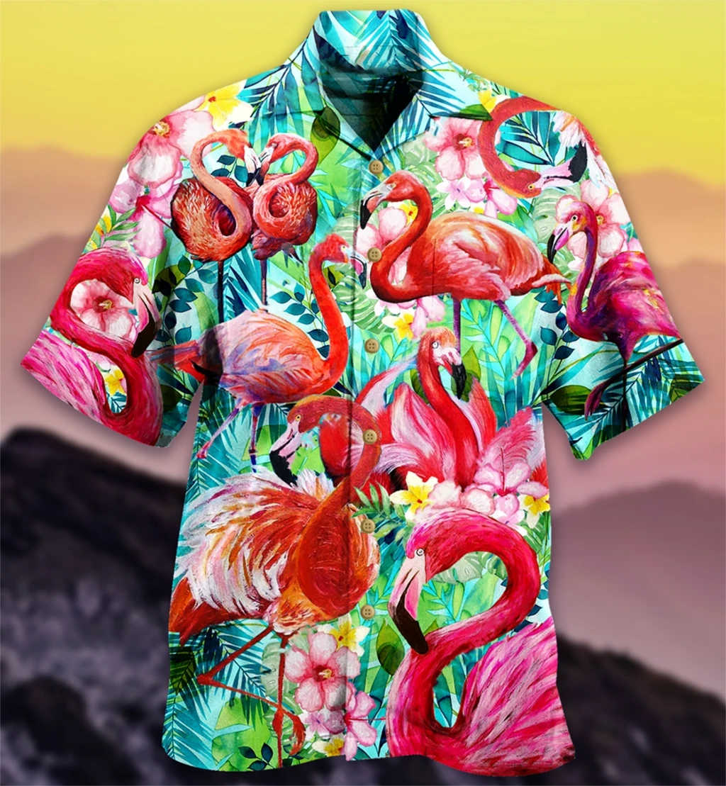 Summer Hawaiian Shirt for Men Designer 3d Printing Flamingo Short Sleeve Oversized Funny Men's Clothing Fashion Beach Harajuku.