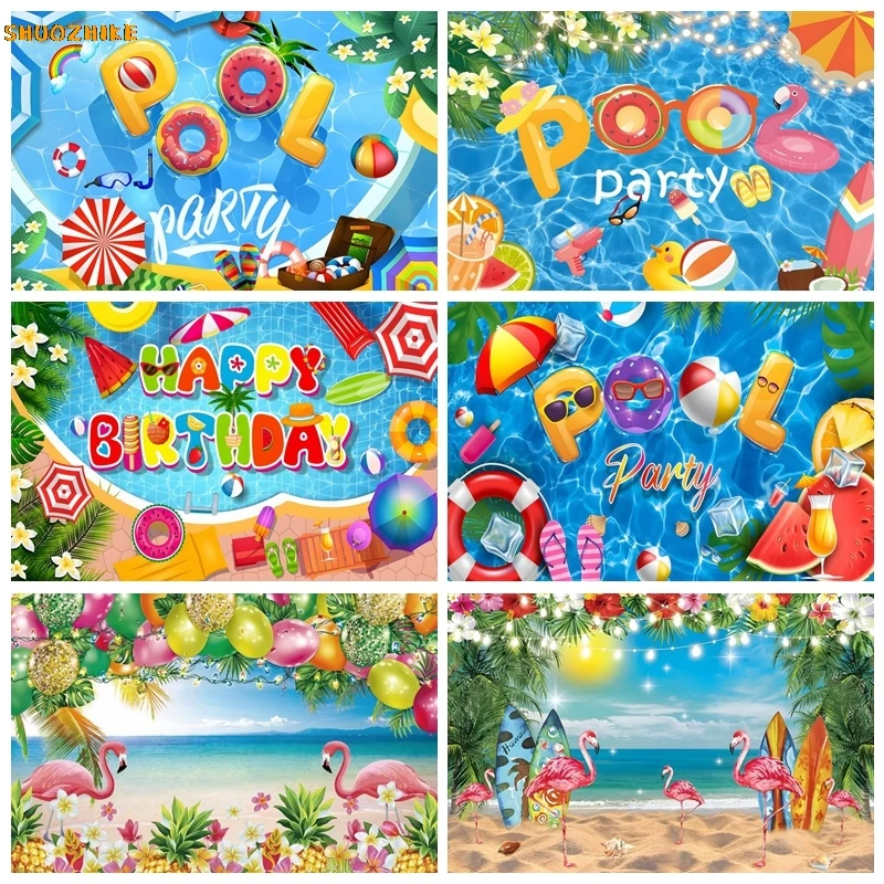 Summer Hawaiian Pool Party Backdrop Swim Ring Swimming Beach Ball Flamingo Baby Birthday Photography Background Photo Props
